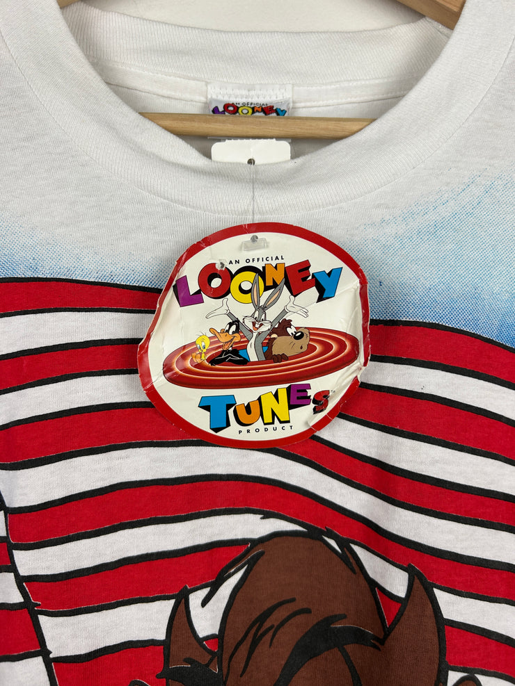 Vintage 90s Looney Tunes Taz USA American Flag Cowboy All Over Print White Tee