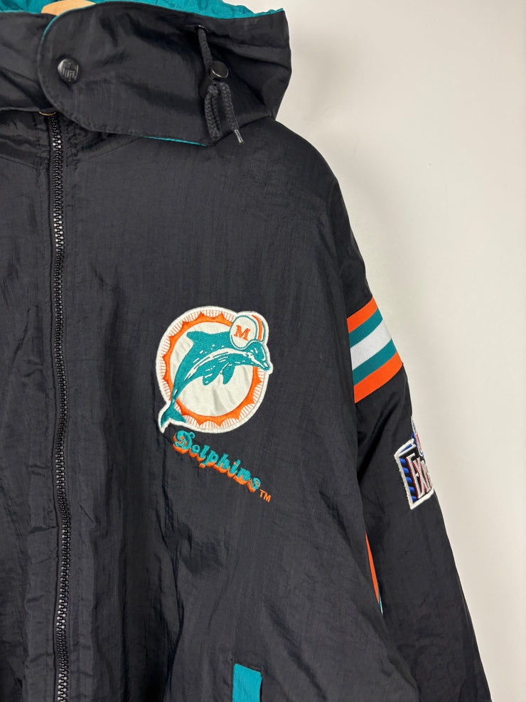 Vintage 90s NFL Pro Player Miami Dolphins Black & Teal Hooded Reversible Hooded Jacket