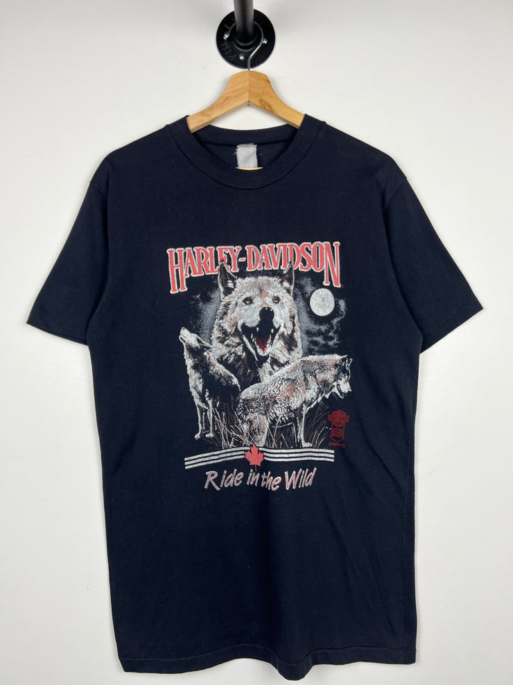 Vintage 80s Harley Davidson Ride In The Wild Canadian Wolves Black Tee