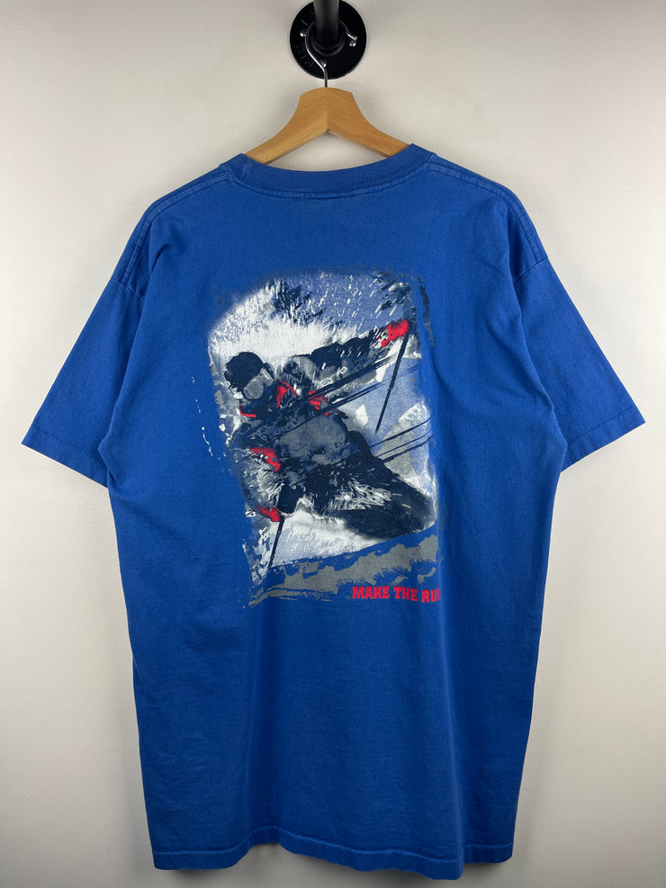 Vintage 90s Marlboro Skiing Make The Run Blue Tee