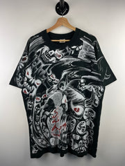 Vintage 90s Jarvis Ace Skull All Over Print Black Tee