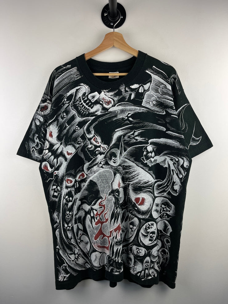 Vintage 90s Jarvis Ace Skull All Over Print Black Tee