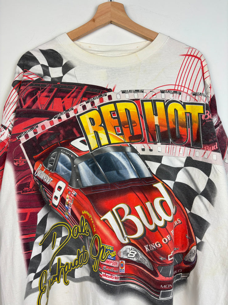 Vintage Nascar Dale Jr Budweiser Red Hot All Over Print White Tee