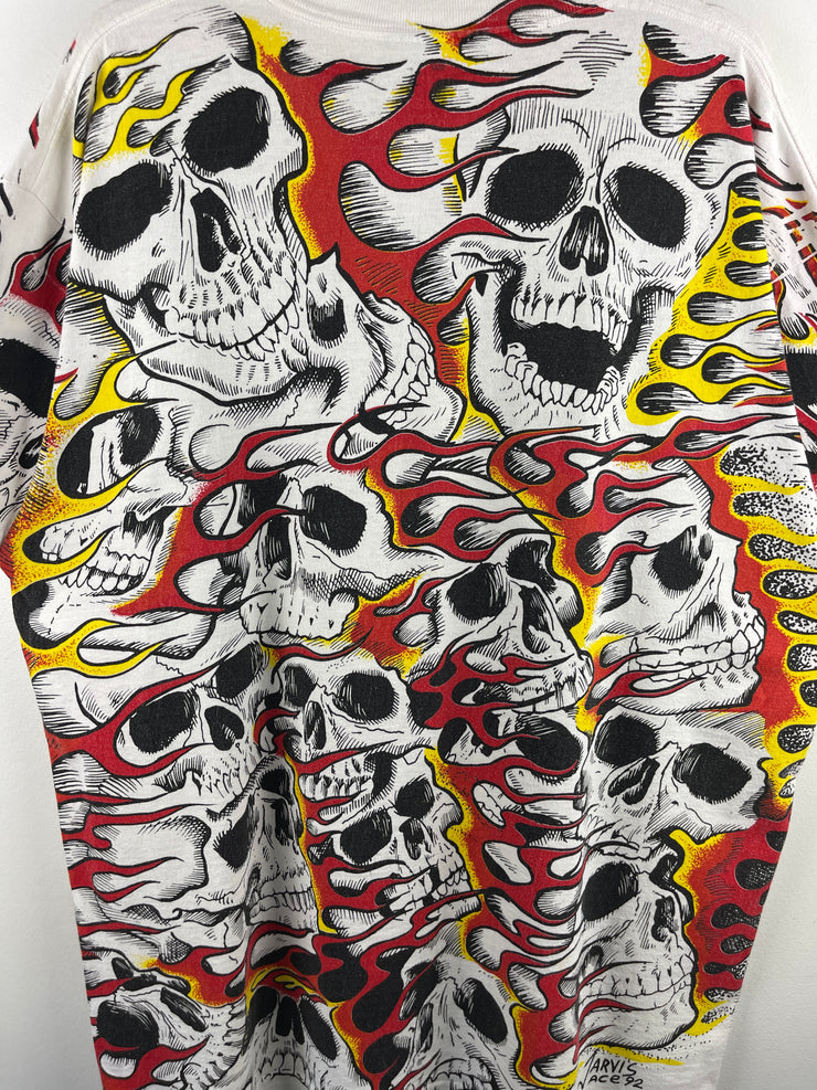 Vintage 90s Jarvis Ace Flaming Skull All Over Print White Tee