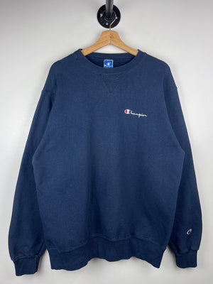 Vintage 90s Champion Spellout Embroidered Navy Crewneck