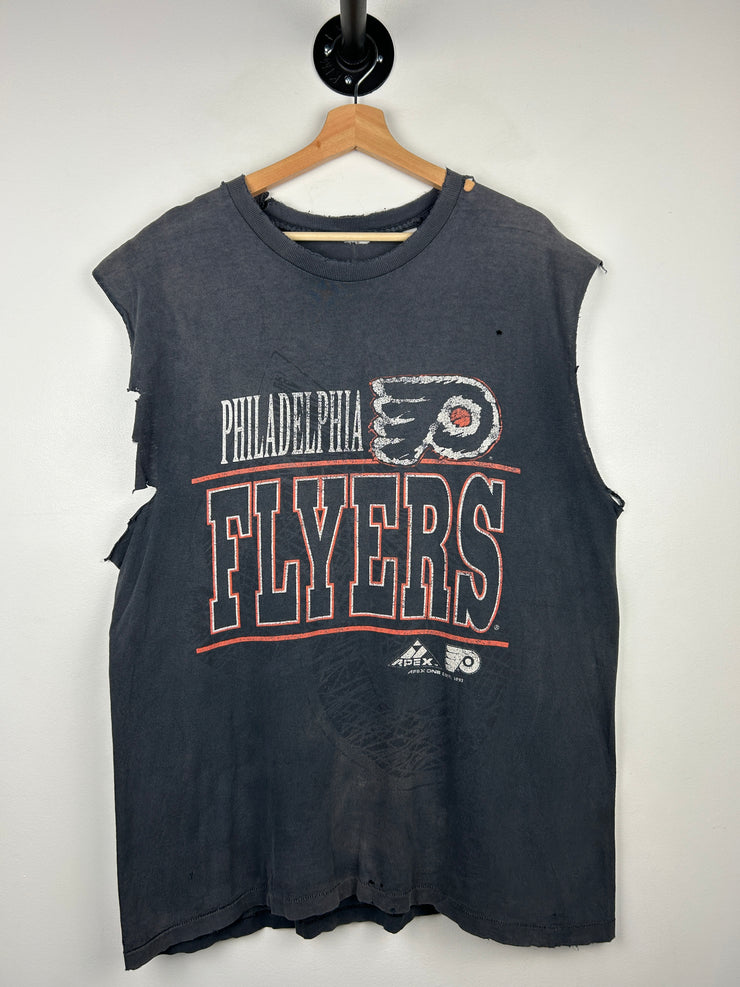 Vintage 90s NHL Philadelphia Flyers Black Thrashed Cut Off Tank Top