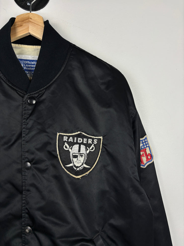 Vintage 80s NFL Starter Los Angeles Raiders Spellout Black Satin Bomber Jacket