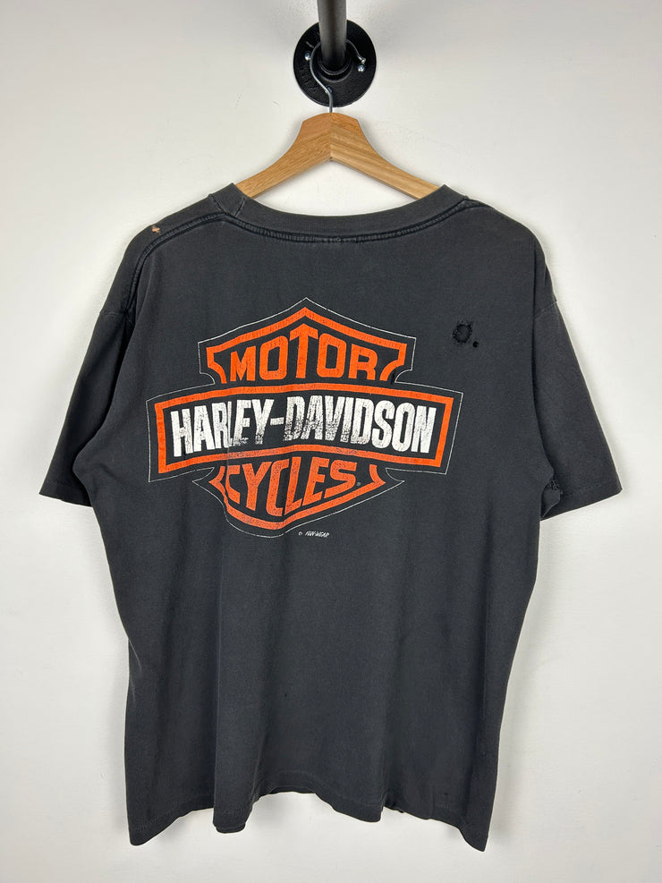 Vintage 90s Harley Davidson Flame Chrome Logo Black Tee