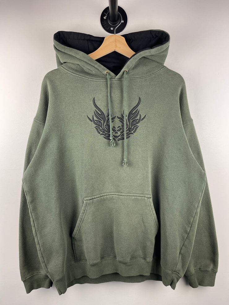 Vintage Y2K Top Heavy Flaming Skull Embroidered Olive Hoodie