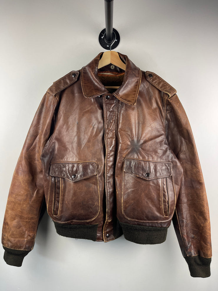 Vintage 70s Schott G-1 Brown Leather Lined Flight Bomber Jacket