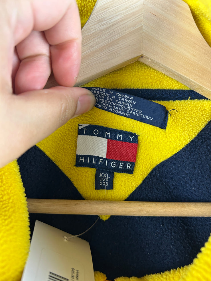 Vintage 90s Tommy Hilfiger Embroidered Yellow & Navy Zip Up Fleece Sweater