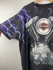 Vintage 90s Harley Davidson Illinois Thunder Lightning All Over Print Black Tee