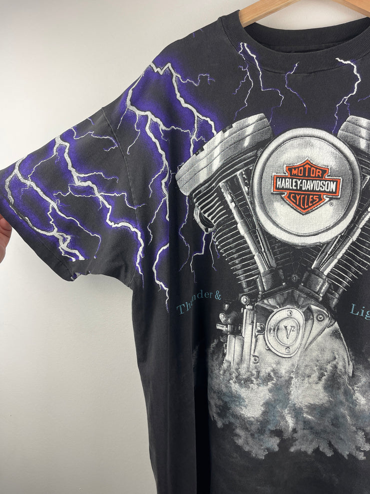 Vintage 90s Harley Davidson Illinois Thunder Lightning All Over Print Black Tee