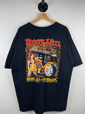 Vintage 2004 Boot Hill Saloon Bike Week Pin Up Girl Black Tee