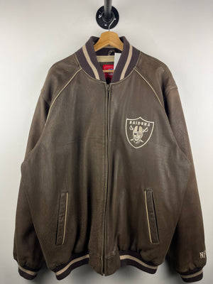 Vintage NFL Los Angeles Raiders Faded Brown Leather Bomber Varsity Jacket