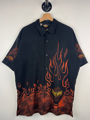 Vintage Harley Davidson Ride To Live Flames Black Button Up Short Sleeve Shirt