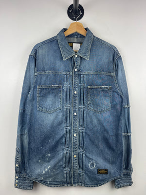 Neighborhood Savage Distressed Trimmed Western Blue Denim Long Sleeve Button Up Shirt