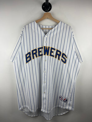 Vintage 90s MLB Majestic Milwaukee Brewers White & Blue Pinstripe Baseball Jersey