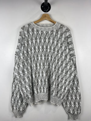 Vintage 90s Area Pattern White & Grey Knit Sweater