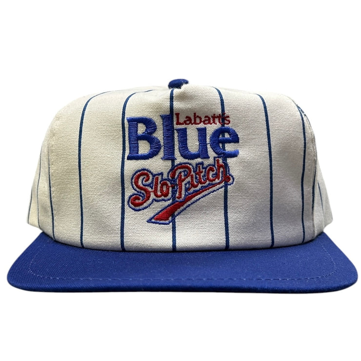 Vintage 90s Labatt Blue Beer Slo Pitch White Pin Stripe Snapback Hat
