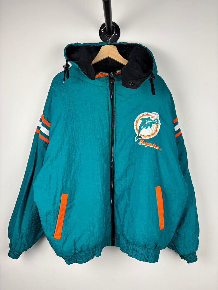 Vintage 90s NFL Pro Player Miami Dolphins Black & Teal Hooded Reversible Hooded Jacket