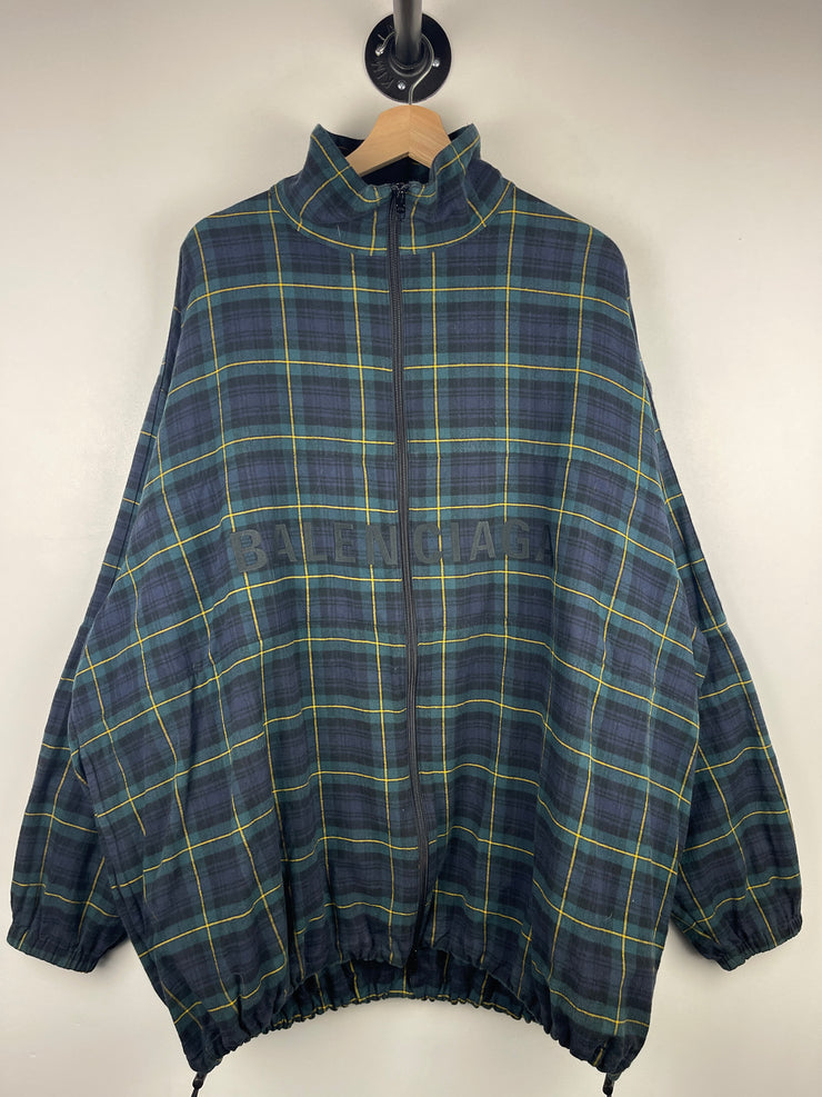 Balenciaga Embroidered Logo Oversized Plaid Zip Up Jacket