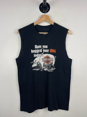Vintage 80s Harley Davidson Have You Hugged Your Hog Today Black Cut Off Tank Top