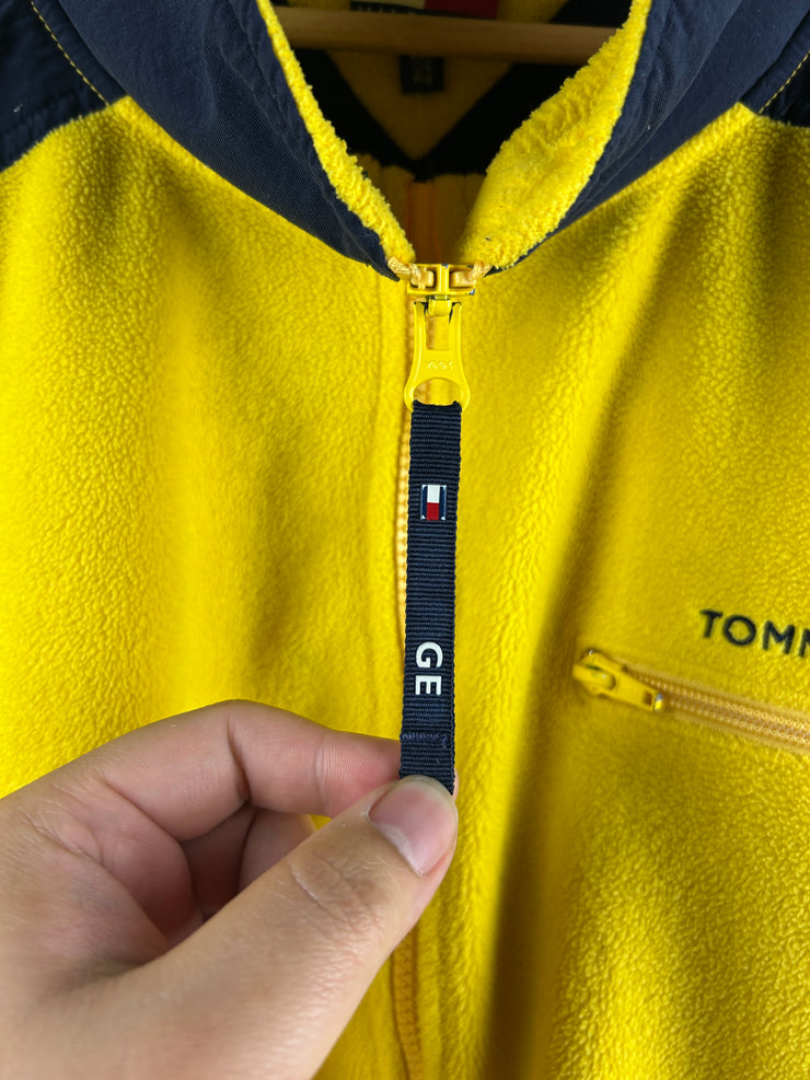 Vintage 90s Tommy Hilfiger Embroidered Yellow & Navy Zip Up Fleece Sweater