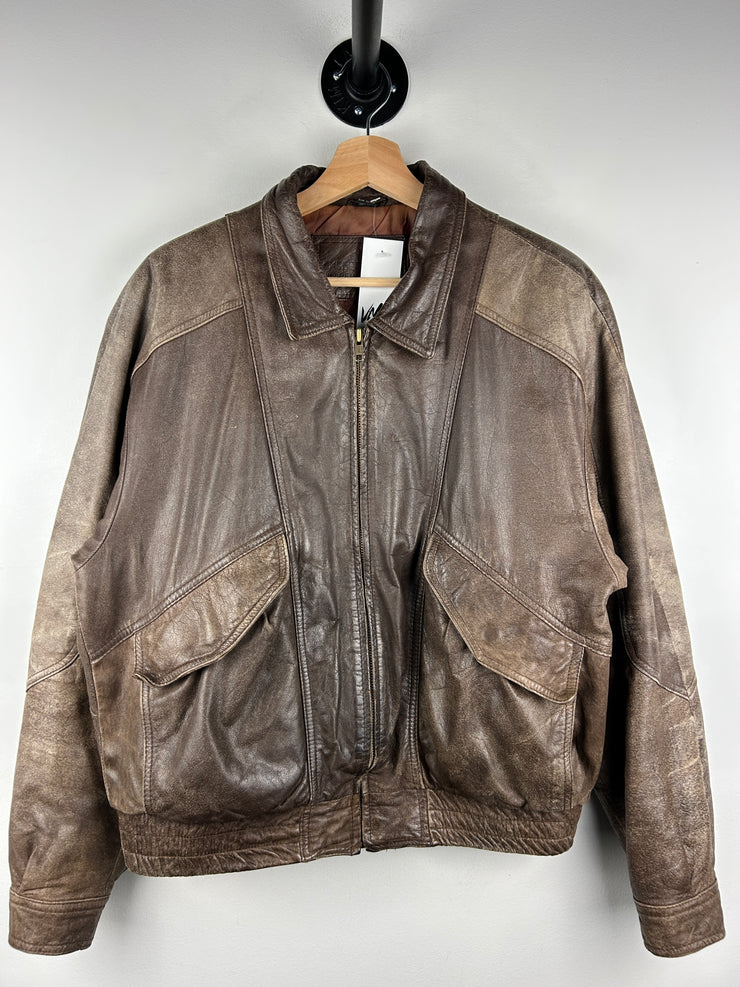 Vintage 90s Impressions Faded Brown Leather Bomber Jacket