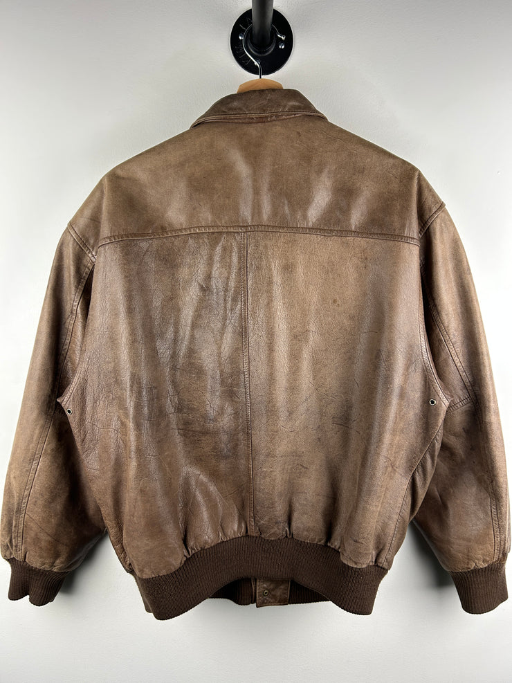 Vintage 90s General Clothing Company Faded Brown Leather Bomber Jacket