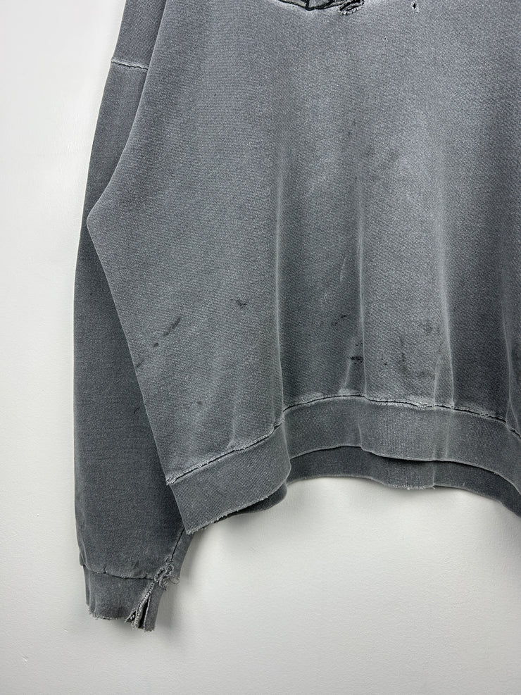 Vintage 90s No Fear Embroidered Thrashed Faded Grey Crewneck