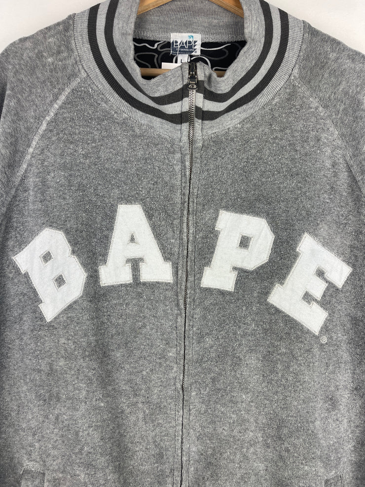 Bape Spellout Grey Velour Zip Up Sweater