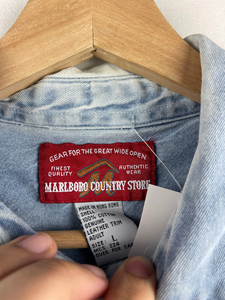Vintage 90s Marlboro Country Store Blue Denim Long Sleeve Button Up Shirt