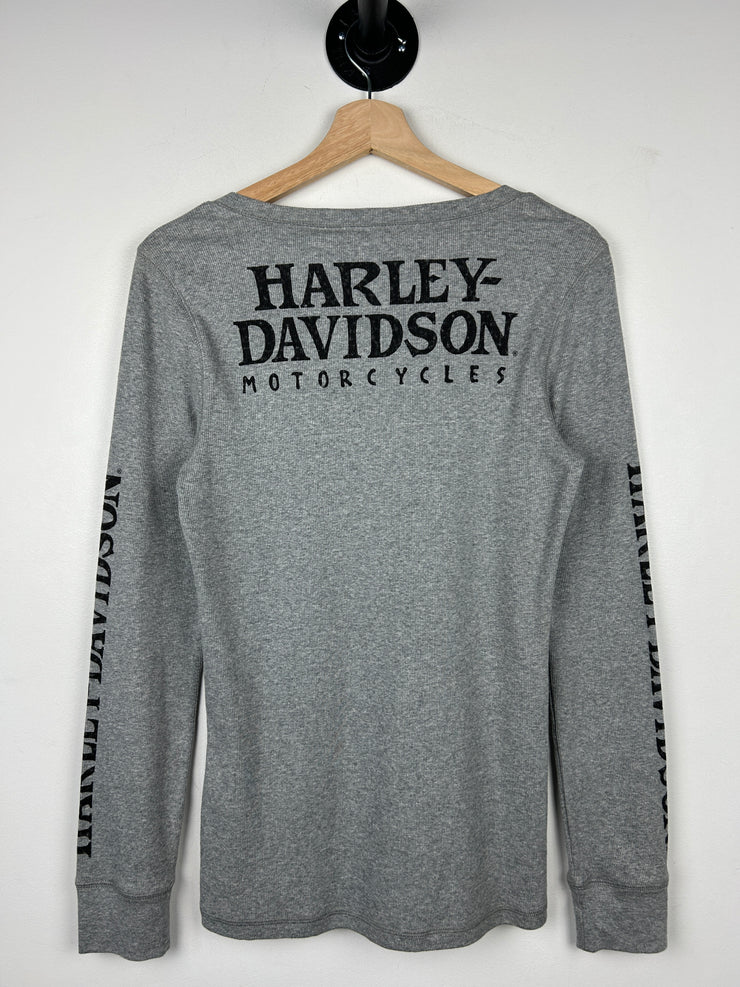 Vintage Harley Davidson Grey Henley Women’s Long Sleeve