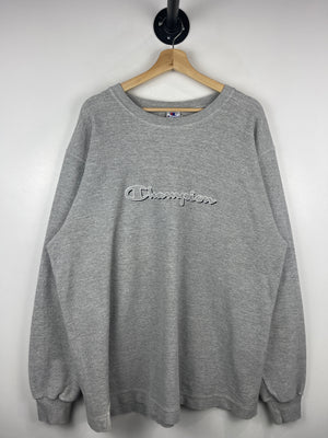 Vintage 90s Champion Embroidered Spellout Terry Cloth Grey Crewneck