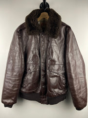 Vintage 80s Excelled Flight Bomber Fur Collar Brown Leather Jacket