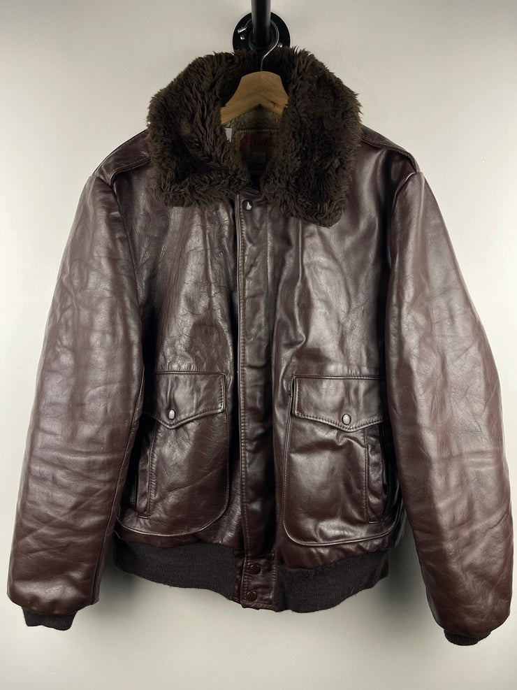 Vintage 80s Excelled Flight Bomber Fur Collar Brown Leather Jacket