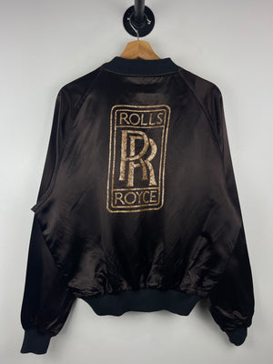 Vintage 80s Rolls Royce Black Satin Bomber Jacket