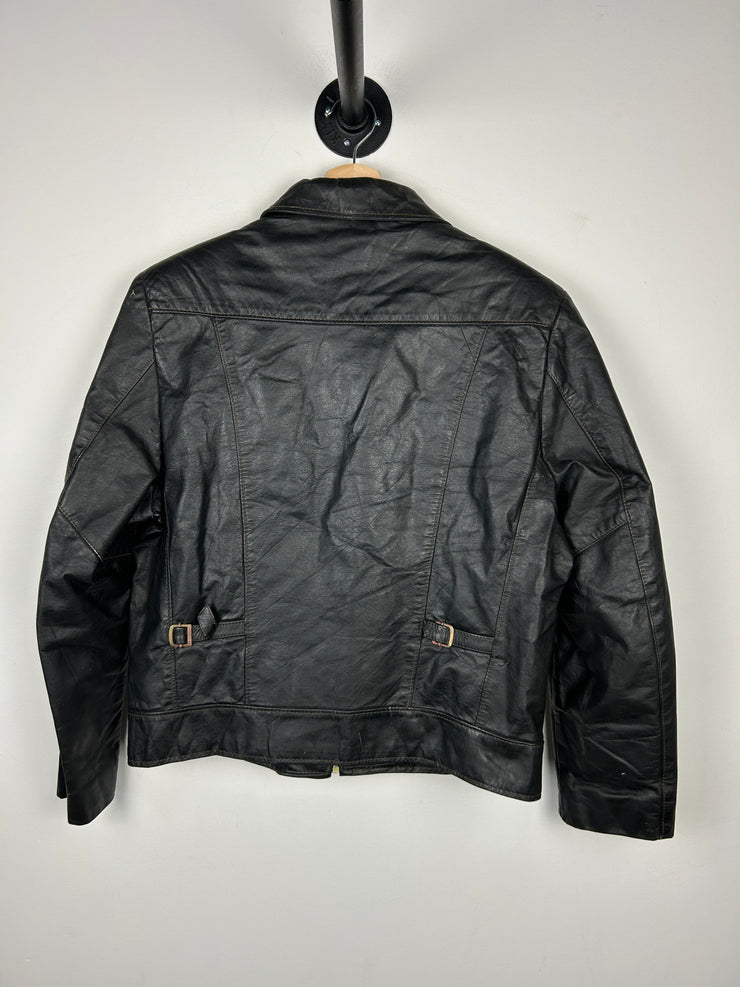 Vintage 80s Sears The Leather Shop Dark Brown Cropped Leather Jacket