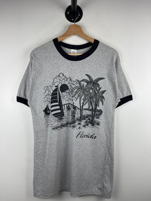 Vintage 80s Florida Palm Trees Grey Ringer Tee