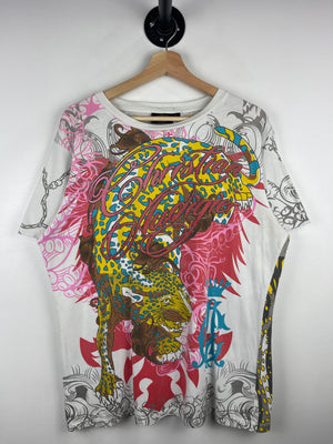 Vintage Y2K ED Hardy Christian Audigier Rhinestone All Over Print White Tee