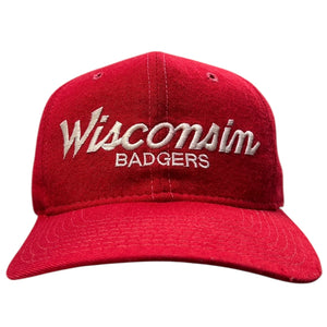 Vintage 90s Sports Specialties Wisconsin Badgers Single Line Script Red Wool Snapback Hat
