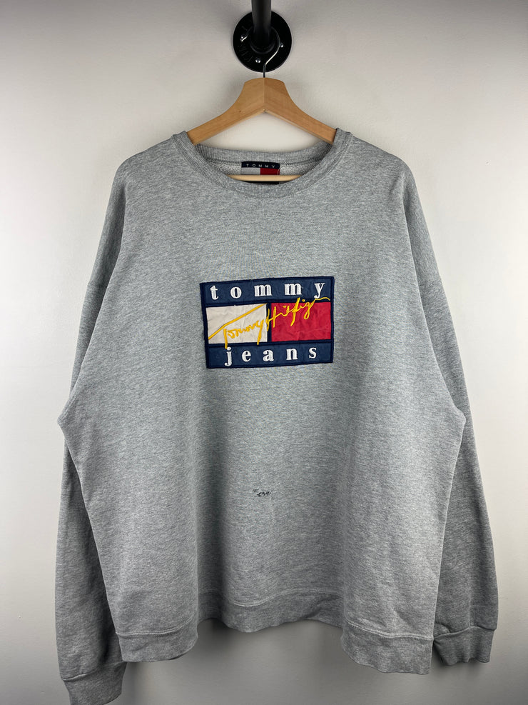 Vintage 90s Tommy Hilfiger Flag Embroidered Grey Crewneck