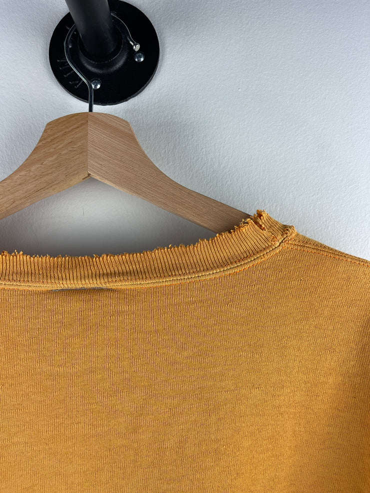 Vintage 90s Champion Embroidered Spellout Thrashed Mustard Yellow Crewneck
