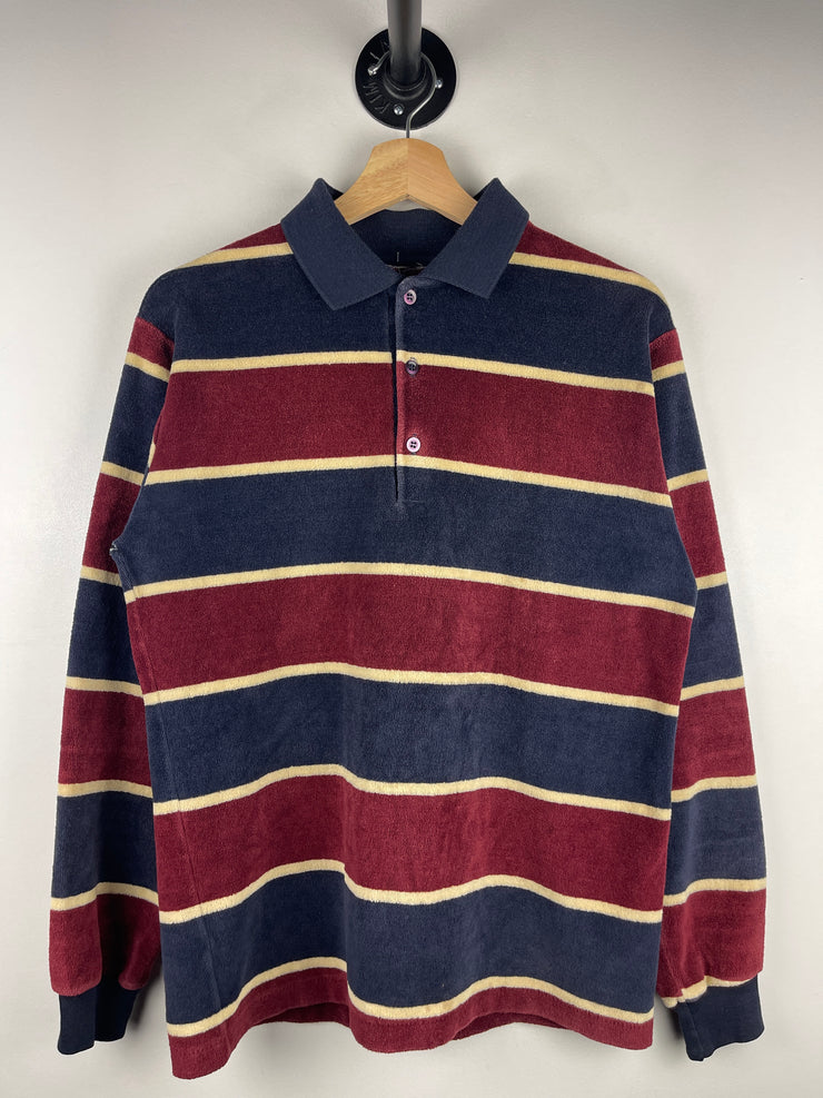 Vintage Terry Cloth Striped Burgundy & Navy Polo Rugby Long Sleeve
