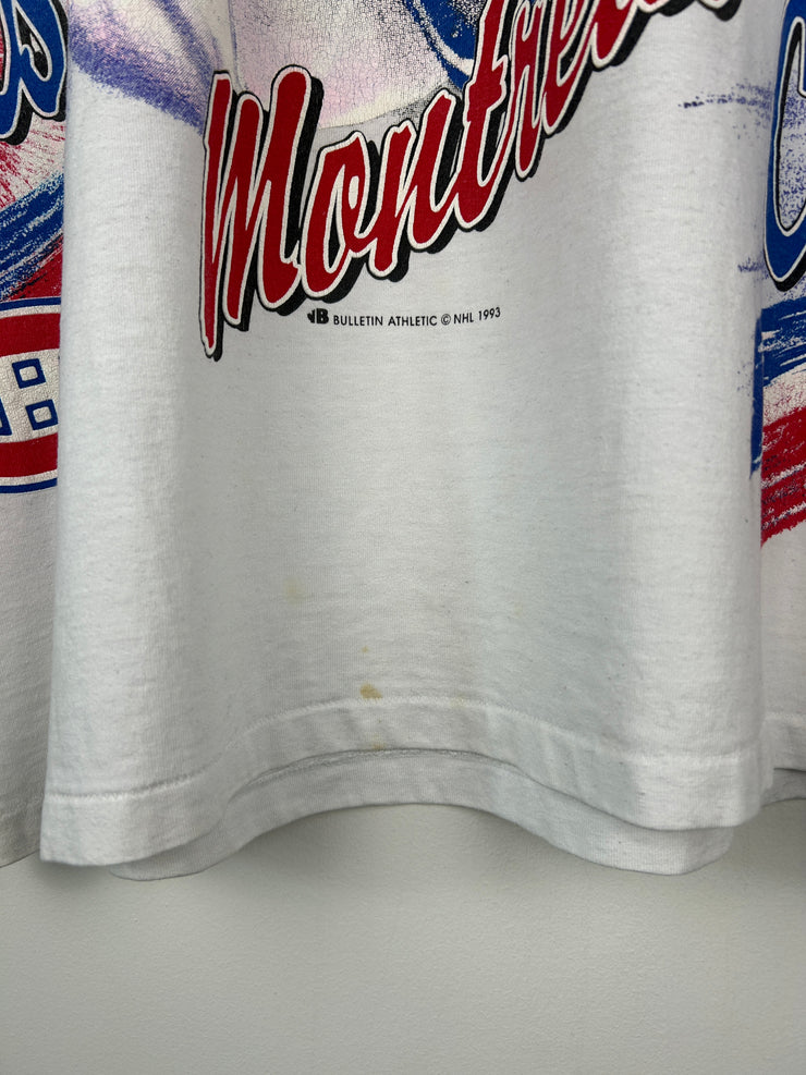 Vintage 90s NHL Bulletin Montreal Canadiens All Over Print White Tee
