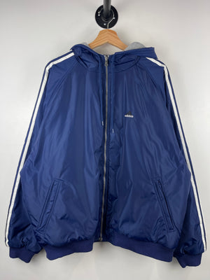 Vintage 90s Adidas 3 Stripe Navy & Grey Reversible Hooded Jacket