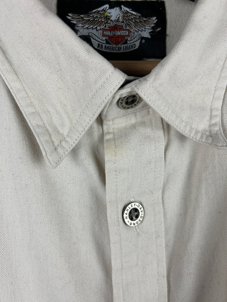 Vintage Harley Davidson Patch Cream Button Up Long Sleeve Shirt
