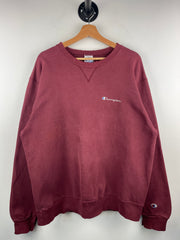 Vintage 90s Champion Spellout Embroidered Thrashed Burgundy Crewneck