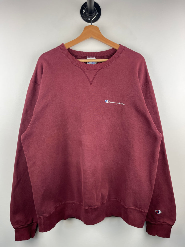 Vintage 90s Champion Spellout Embroidered Thrashed Burgundy Crewneck